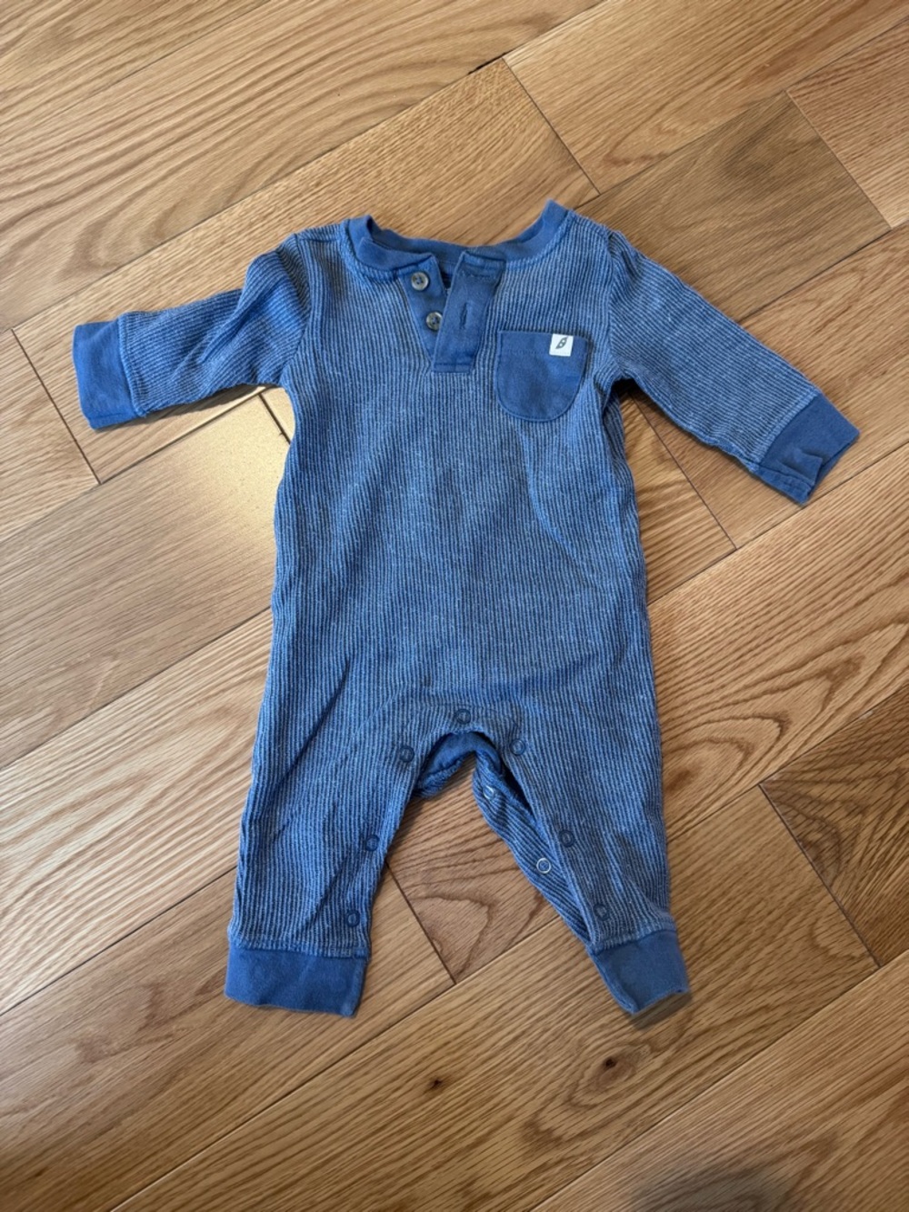 Soft Blue Ribbed Long-Sleeve Baby One-Piece with Chest Pocket